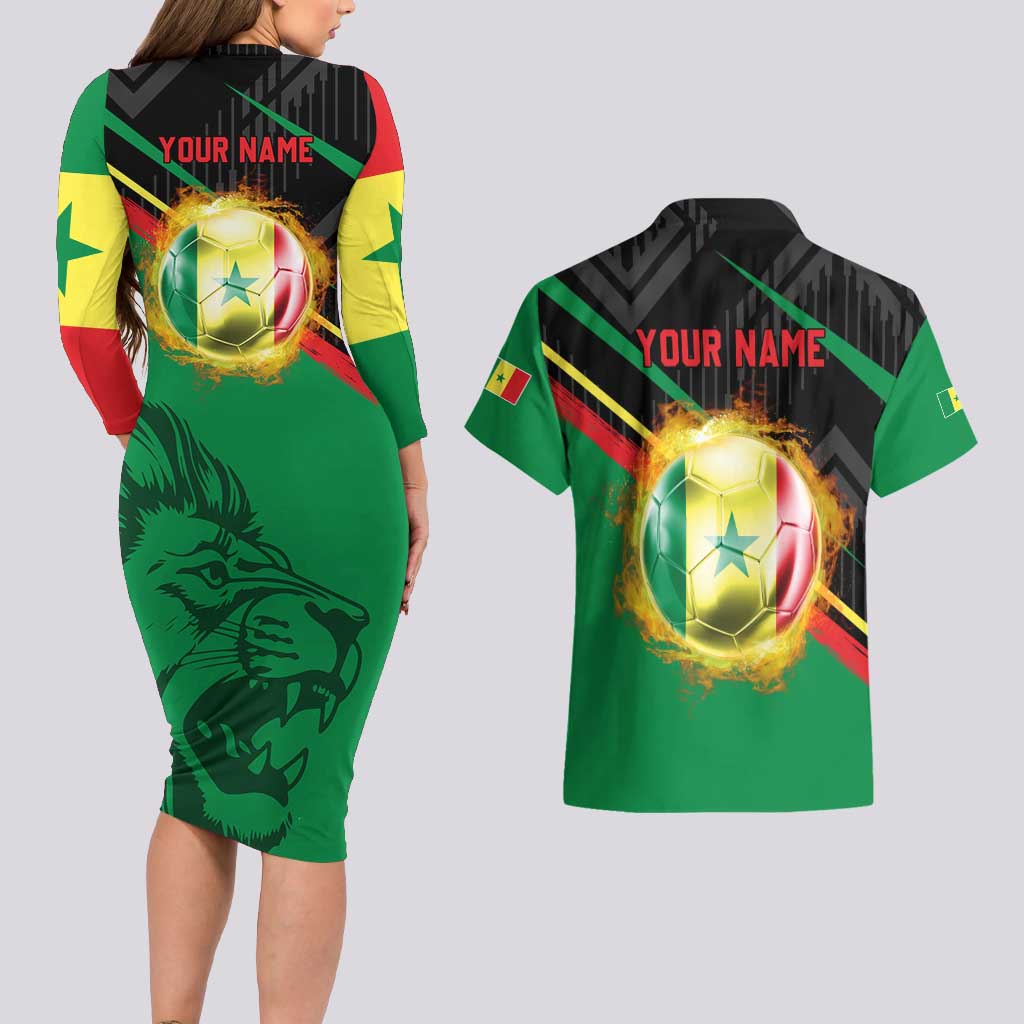 Custom Senegal Couples Matching Long Sleeve Bodycon Dress and Hawaiian Shirt Lion Graphic, National Flag, Fiery Soccer Ball - Bold African Pride Design - Wonder Print Shop