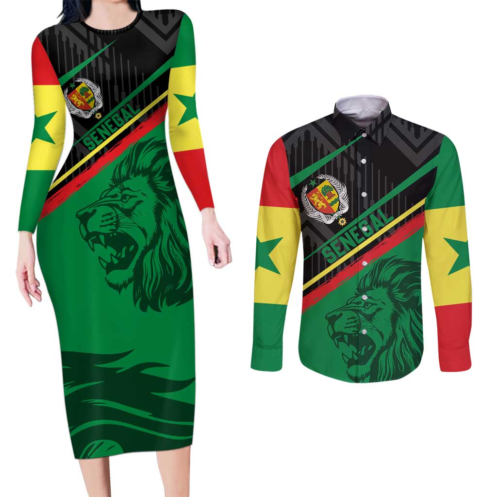 Custom Senegal Couples Matching Long Sleeve Bodycon Dress and Long Sleeve Button Shirt Lion Graphic, National Flag, Fiery Soccer Ball - Bold African Pride Design - Wonder Print Shop