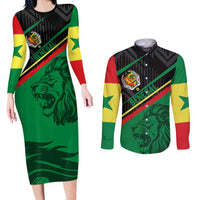 Custom Senegal Couples Matching Long Sleeve Bodycon Dress and Long Sleeve Button Shirt Lion Graphic, National Flag, Fiery Soccer Ball - Bold African Pride Design - Wonder Print Shop