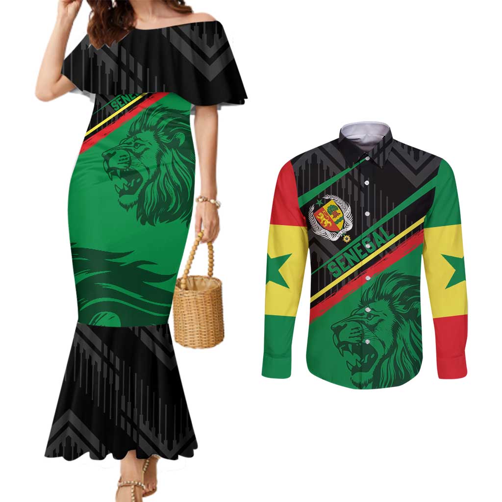 Custom Senegal Couples Matching Mermaid Dress and Long Sleeve Button Shirt Lion Graphic, National Flag, Fiery Soccer Ball - Bold African Pride Design - Wonder Print Shop