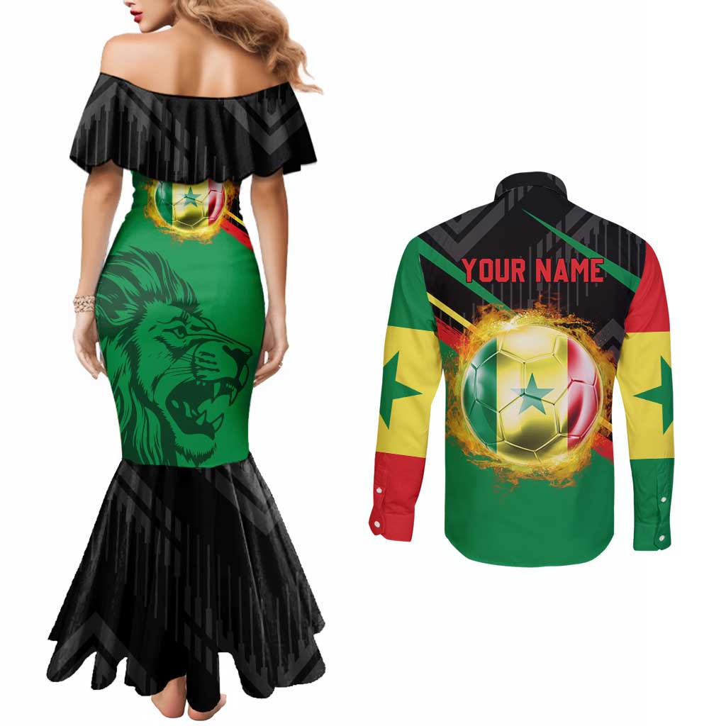 Custom Senegal Couples Matching Mermaid Dress and Long Sleeve Button Shirt Lion Graphic, National Flag, Fiery Soccer Ball - Bold African Pride Design - Wonder Print Shop