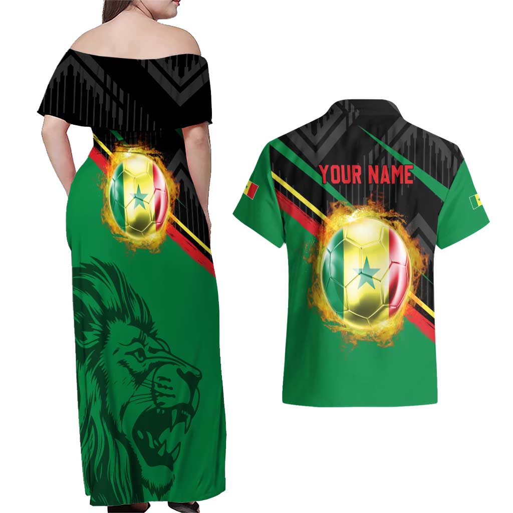 Custom Senegal Couples Matching Off Shoulder Maxi Dress and Hawaiian Shirt Lion Graphic, National Flag, Fiery Soccer Ball - Bold African Pride Design - Wonder Print Shop
