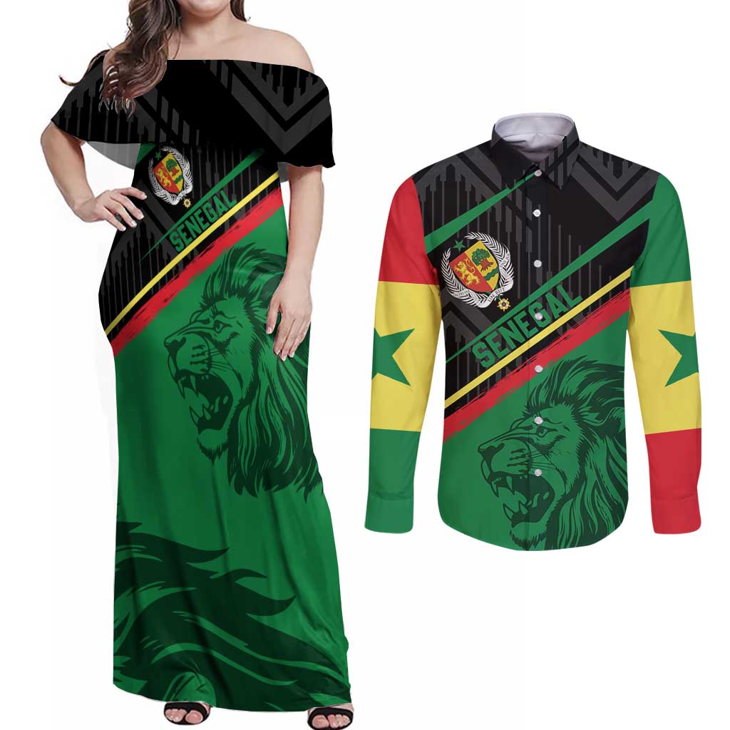Custom Senegal Couples Matching Off Shoulder Maxi Dress and Long Sleeve Button Shirt Lion Graphic, National Flag, Fiery Soccer Ball - Bold African Pride Design - Wonder Print Shop