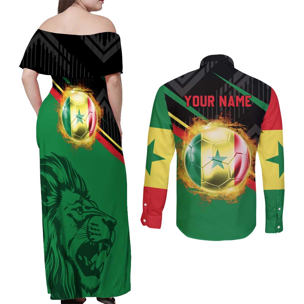 Custom Senegal Couples Matching Off Shoulder Maxi Dress and Long Sleeve Button Shirt Lion Graphic, National Flag, Fiery Soccer Ball - Bold African Pride Design - Wonder Print Shop
