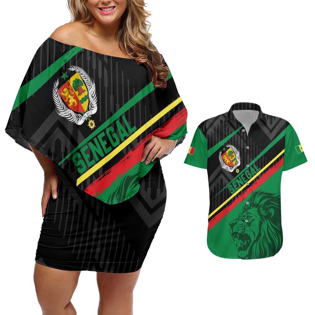 Custom Senegal Couples Matching Off Shoulder Short Dress and Hawaiian Shirt Lion Graphic, National Flag, Fiery Soccer Ball - Bold African Pride Design - Wonder Print Shop