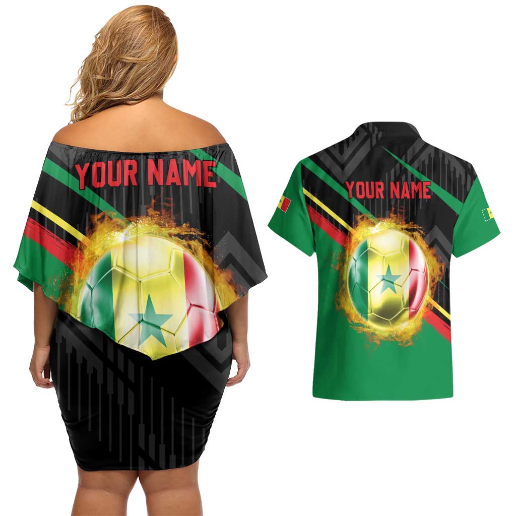 Custom Senegal Couples Matching Off Shoulder Short Dress and Hawaiian Shirt Lion Graphic, National Flag, Fiery Soccer Ball - Bold African Pride Design - Wonder Print Shop