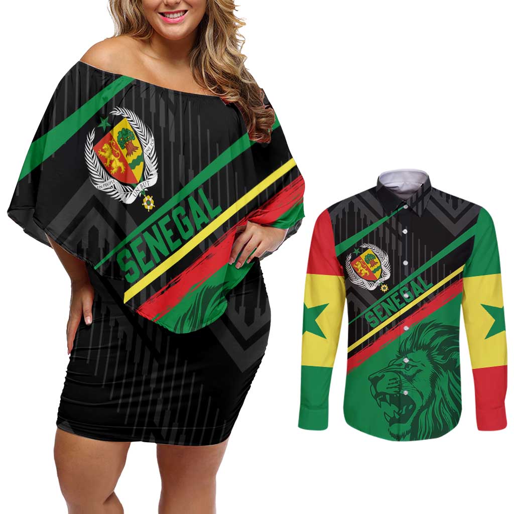 Custom Senegal Couples Matching Off Shoulder Short Dress and Long Sleeve Button Shirt Lion Graphic, National Flag, Fiery Soccer Ball - Bold African Pride Design - Wonder Print Shop