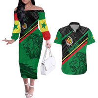 Custom Senegal Couples Matching Off The Shoulder Long Sleeve Dress and Hawaiian Shirt Lion Graphic, National Flag, Fiery Soccer Ball - Bold African Pride Design - Wonder Print Shop