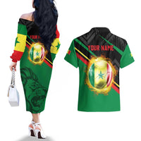 Custom Senegal Couples Matching Off The Shoulder Long Sleeve Dress and Hawaiian Shirt Lion Graphic, National Flag, Fiery Soccer Ball - Bold African Pride Design - Wonder Print Shop
