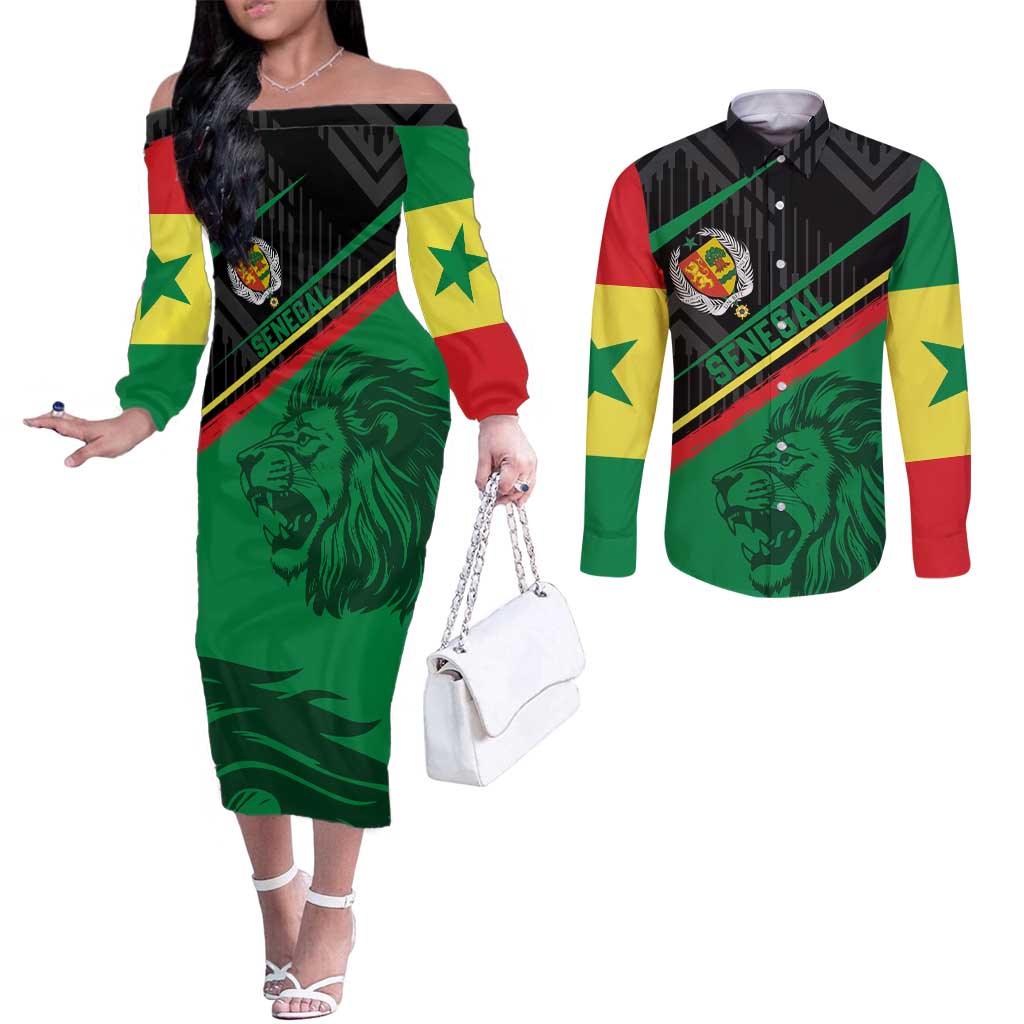 Custom Senegal Couples Matching Off The Shoulder Long Sleeve Dress and Long Sleeve Button Shirt Lion Graphic, National Flag, Fiery Soccer Ball - Bold African Pride Design - Wonder Print Shop