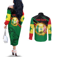 Custom Senegal Couples Matching Off The Shoulder Long Sleeve Dress and Long Sleeve Button Shirt Lion Graphic, National Flag, Fiery Soccer Ball - Bold African Pride Design - Wonder Print Shop