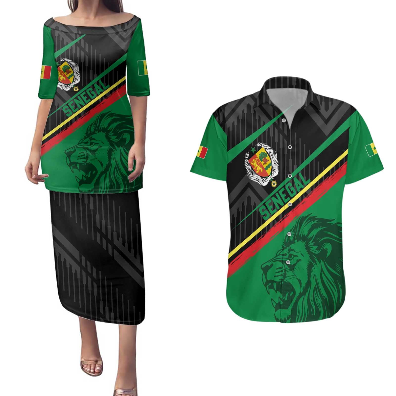 Custom Senegal Couples Matching Puletasi and Hawaiian Shirt Lion Graphic, National Flag, Fiery Soccer Ball - Bold African Pride Design - Wonder Print Shop