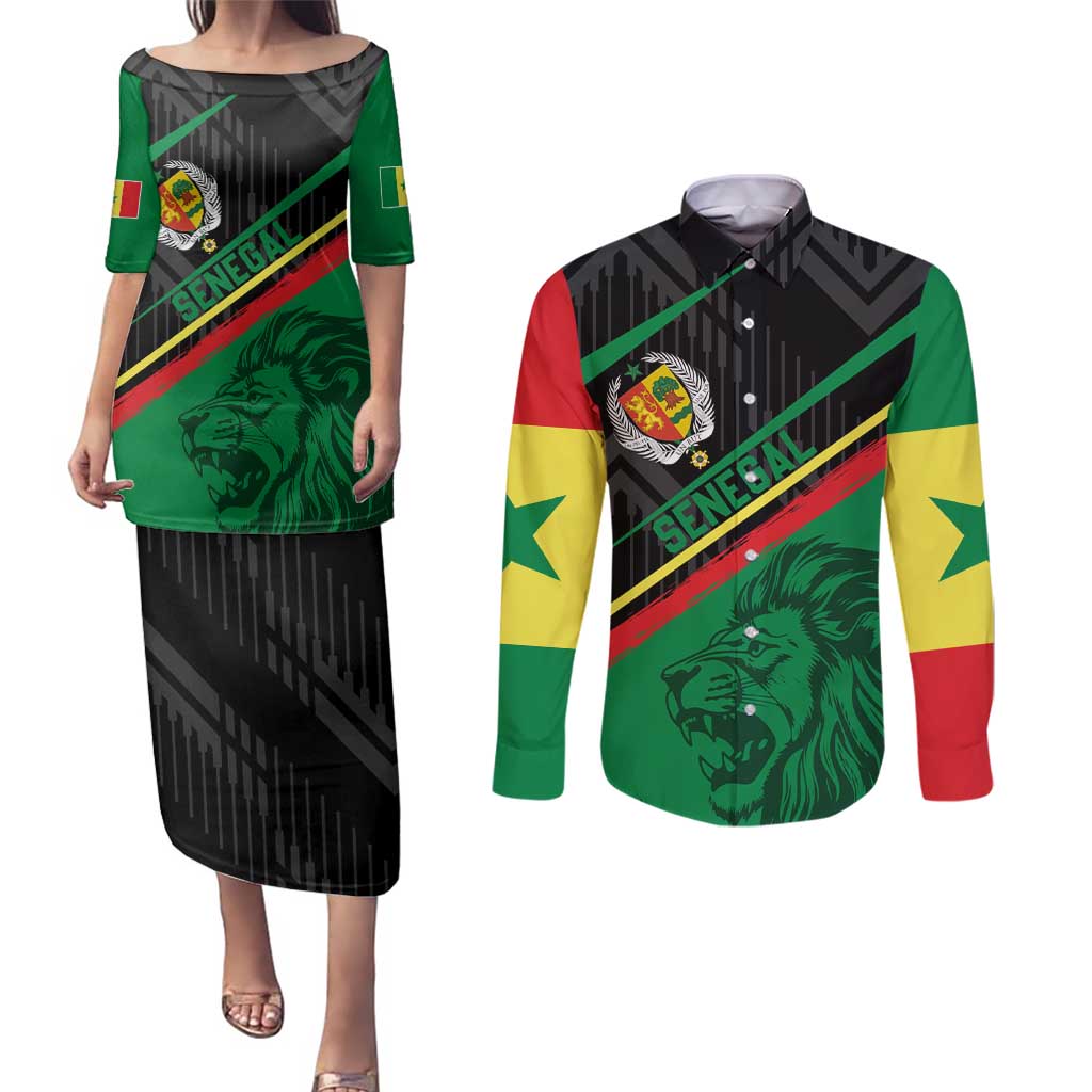 Custom Senegal Couples Matching Puletasi and Long Sleeve Button Shirt Lion Graphic, National Flag, Fiery Soccer Ball - Bold African Pride Design - Wonder Print Shop
