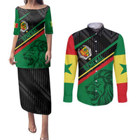 Custom Senegal Couples Matching Puletasi and Long Sleeve Button Shirt Lion Graphic, National Flag, Fiery Soccer Ball - Bold African Pride Design - Wonder Print Shop