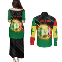 Custom Senegal Couples Matching Puletasi and Long Sleeve Button Shirt Lion Graphic, National Flag, Fiery Soccer Ball - Bold African Pride Design - Wonder Print Shop