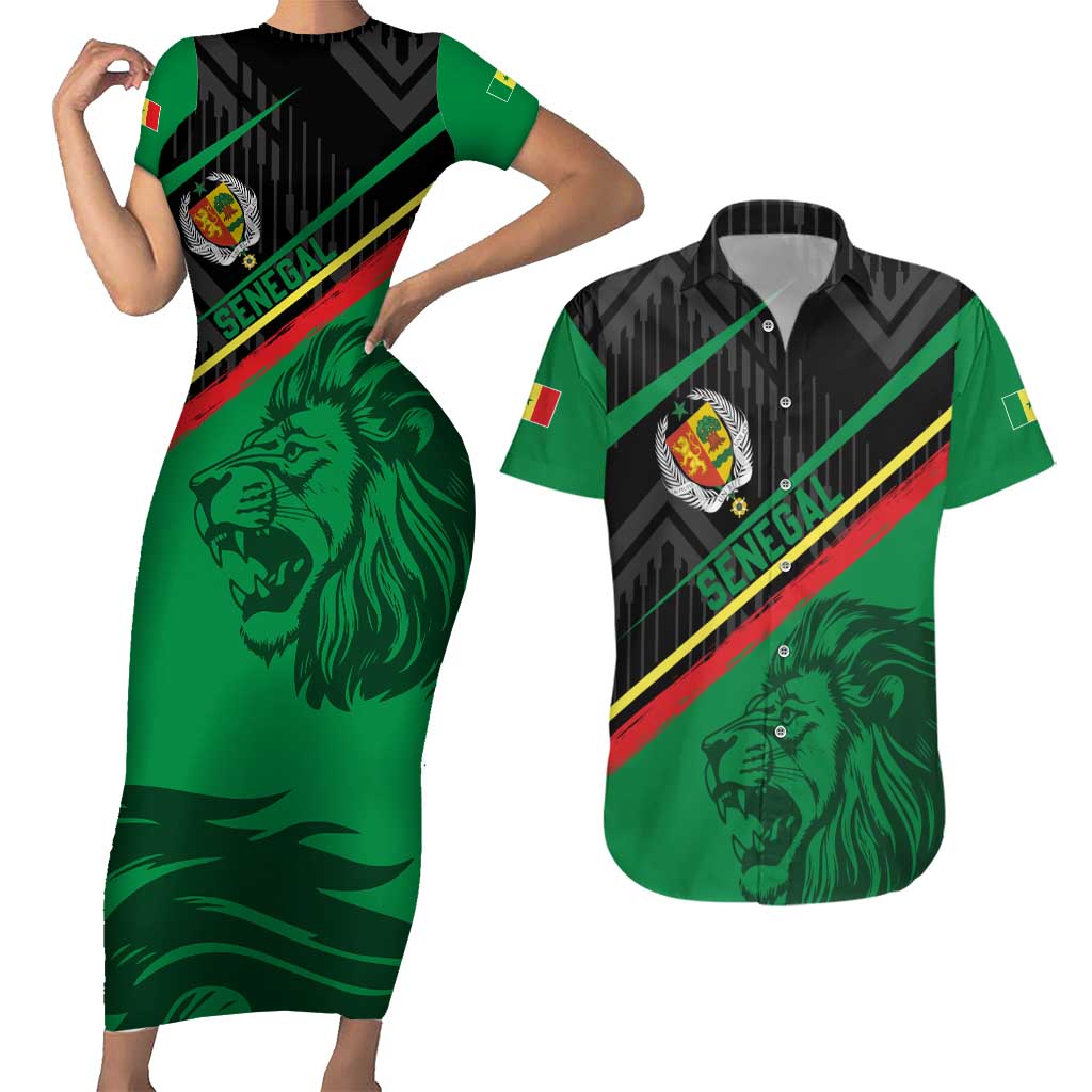 Custom Senegal Couples Matching Short Sleeve Bodycon Dress and Hawaiian Shirt Lion Graphic, National Flag, Fiery Soccer Ball - Bold African Pride Design - Wonder Print Shop