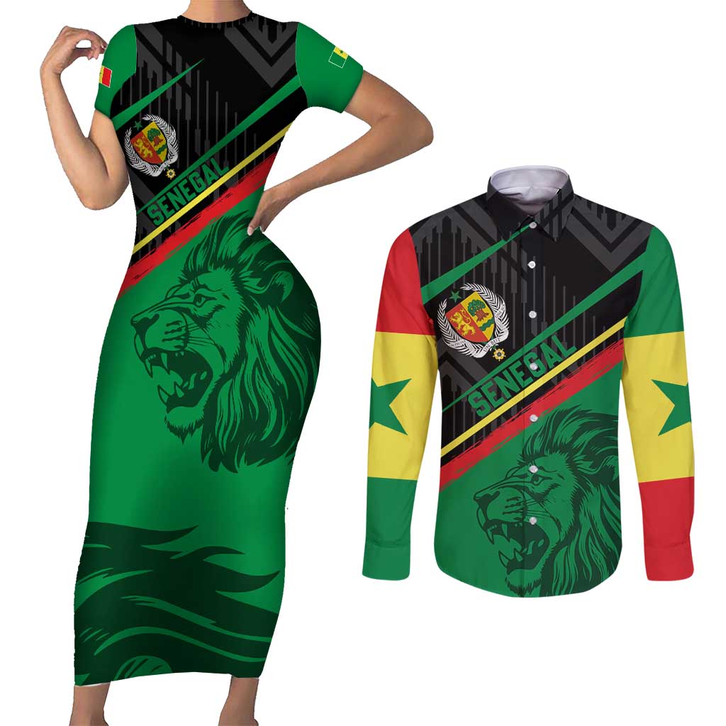 Custom Senegal Couples Matching Short Sleeve Bodycon Dress and Long Sleeve Button Shirt Lion Graphic, National Flag, Fiery Soccer Ball - Bold African Pride Design - Wonder Print Shop