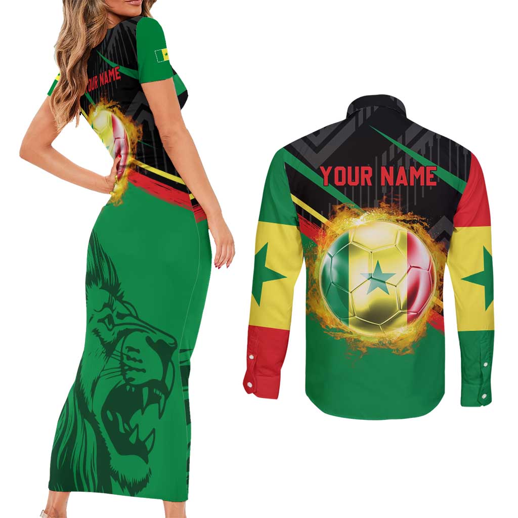 Custom Senegal Couples Matching Short Sleeve Bodycon Dress and Long Sleeve Button Shirt Lion Graphic, National Flag, Fiery Soccer Ball - Bold African Pride Design - Wonder Print Shop