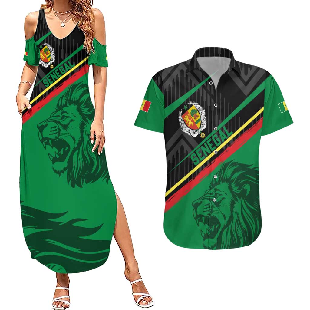 Custom Senegal Couples Matching Summer Maxi Dress and Hawaiian Shirt Lion Graphic, National Flag, Fiery Soccer Ball - Bold African Pride Design - Wonder Print Shop