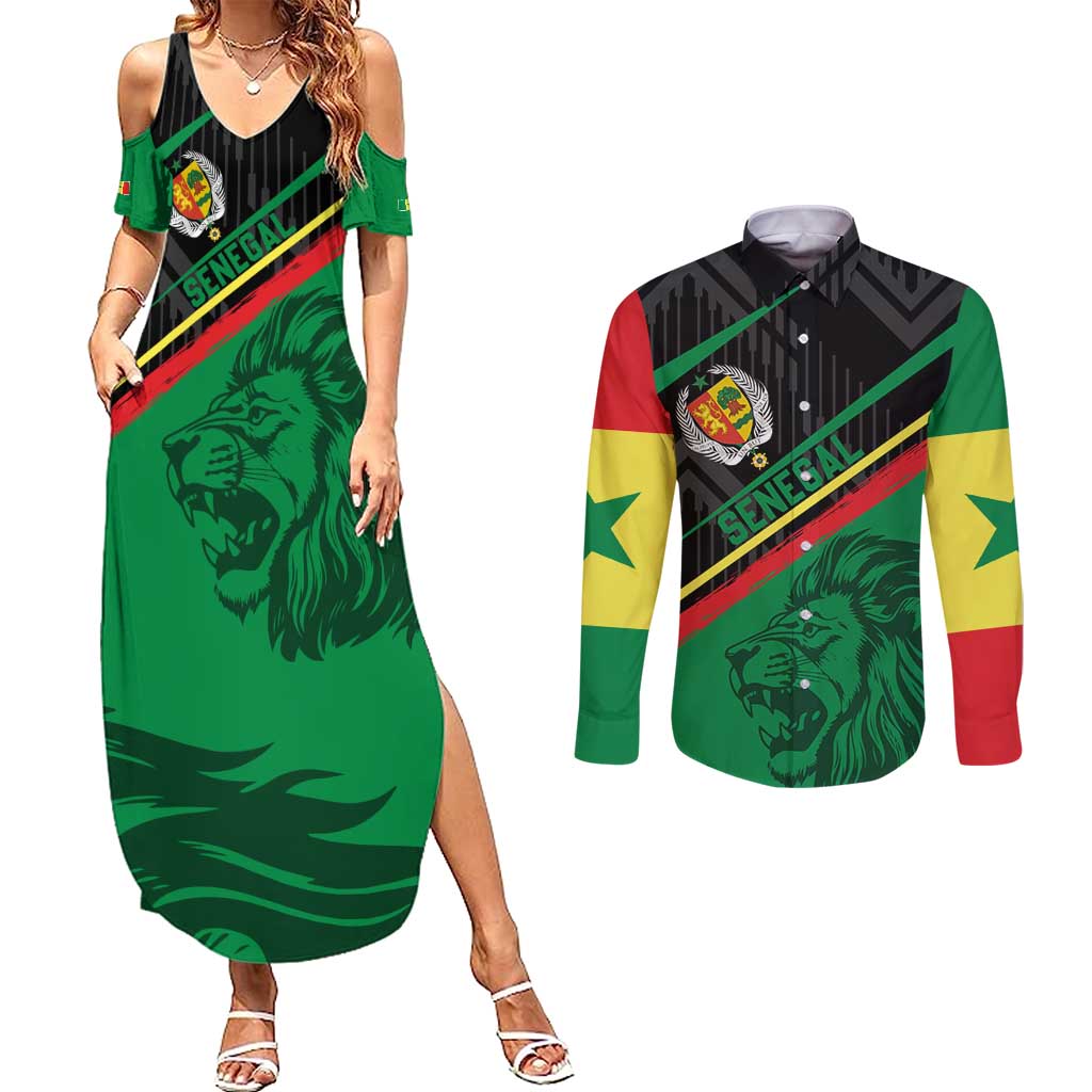 Custom Senegal Couples Matching Summer Maxi Dress and Long Sleeve Button Shirt Lion Graphic, National Flag, Fiery Soccer Ball - Bold African Pride Design - Wonder Print Shop