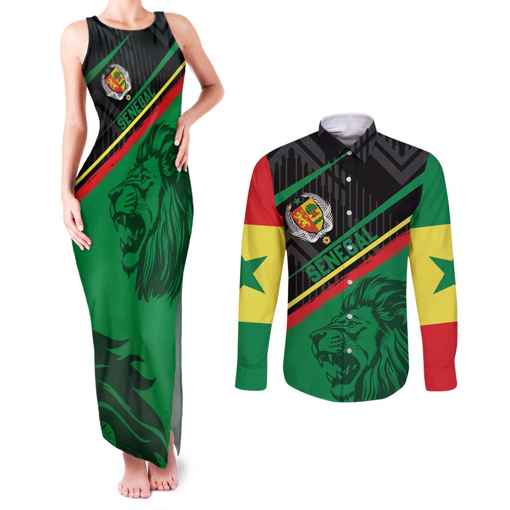 Custom Senegal Couples Matching Tank Maxi Dress and Long Sleeve Button Shirt Lion Graphic, National Flag, Fiery Soccer Ball - Bold African Pride Design - Wonder Print Shop