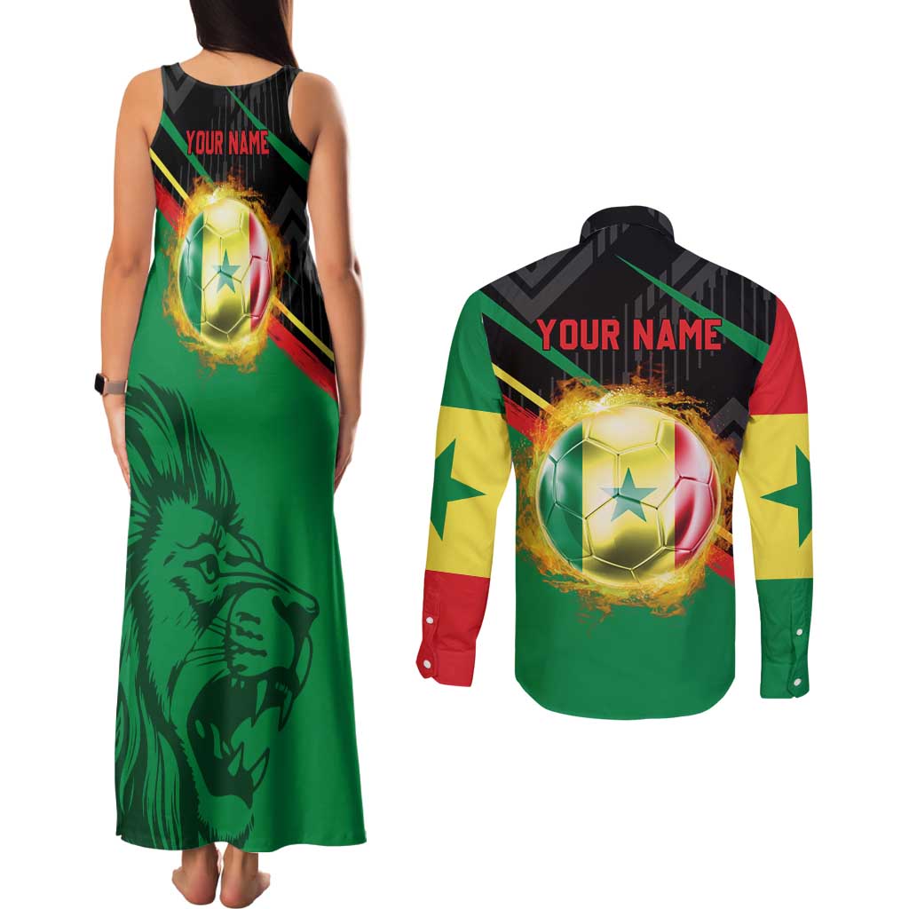 Custom Senegal Couples Matching Tank Maxi Dress and Long Sleeve Button Shirt Lion Graphic, National Flag, Fiery Soccer Ball - Bold African Pride Design - Wonder Print Shop