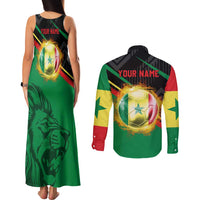 Custom Senegal Couples Matching Tank Maxi Dress and Long Sleeve Button Shirt Lion Graphic, National Flag, Fiery Soccer Ball - Bold African Pride Design - Wonder Print Shop