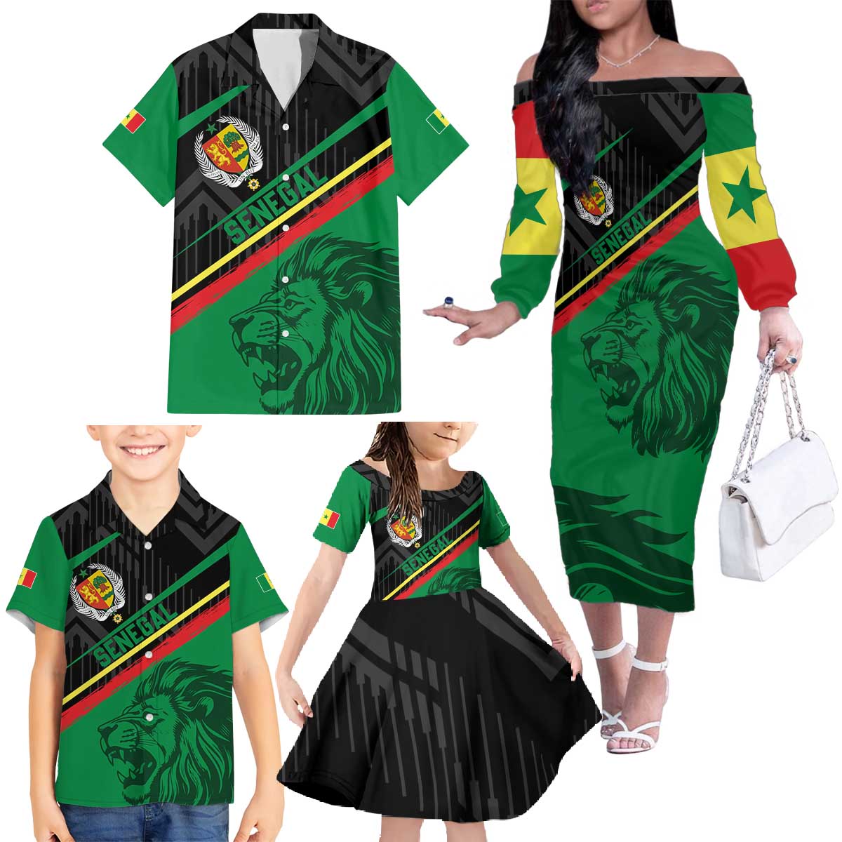 Custom Senegal Family Matching Off The Shoulder Long Sleeve Dress and Hawaiian Shirt Lion Graphic, National Flag, Fiery Soccer Ball - Bold African Pride Design - Wonder Print Shop