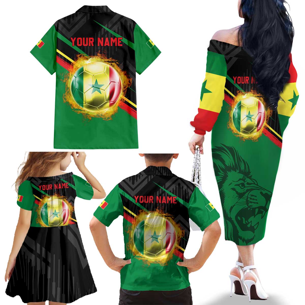 Custom Senegal Family Matching Off The Shoulder Long Sleeve Dress and Hawaiian Shirt Lion Graphic, National Flag, Fiery Soccer Ball - Bold African Pride Design - Wonder Print Shop