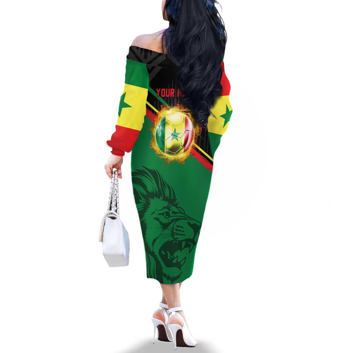 Custom Senegal Family Matching Off The Shoulder Long Sleeve Dress and Hawaiian Shirt Lion Graphic, National Flag, Fiery Soccer Ball - Bold African Pride Design - Wonder Print Shop