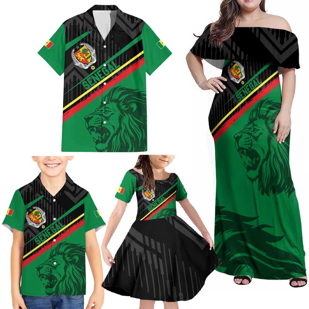 Custom Senegal Family Matching Off Shoulder Maxi Dress and Hawaiian Shirt Lion Graphic, National Flag, Fiery Soccer Ball - Bold African Pride Design - Wonder Print Shop