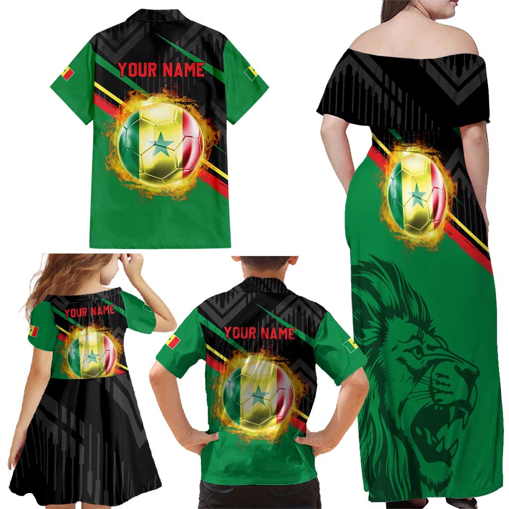 Custom Senegal Family Matching Off Shoulder Maxi Dress and Hawaiian Shirt Lion Graphic, National Flag, Fiery Soccer Ball - Bold African Pride Design - Wonder Print Shop