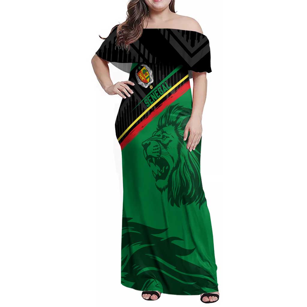 Custom Senegal Family Matching Off Shoulder Maxi Dress and Hawaiian Shirt Lion Graphic, National Flag, Fiery Soccer Ball - Bold African Pride Design - Wonder Print Shop