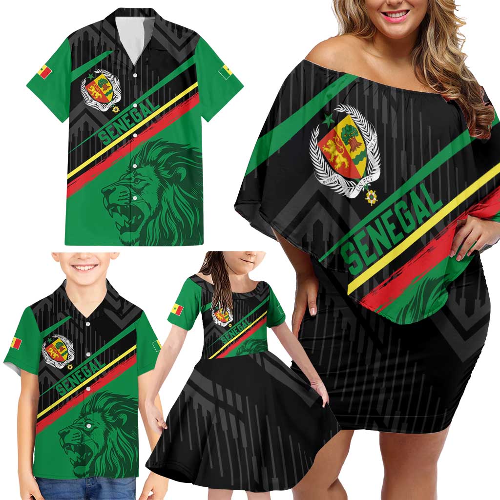 Custom Senegal Family Matching Off Shoulder Short Dress and Hawaiian Shirt Lion Graphic, National Flag, Fiery Soccer Ball - Bold African Pride Design - Wonder Print Shop