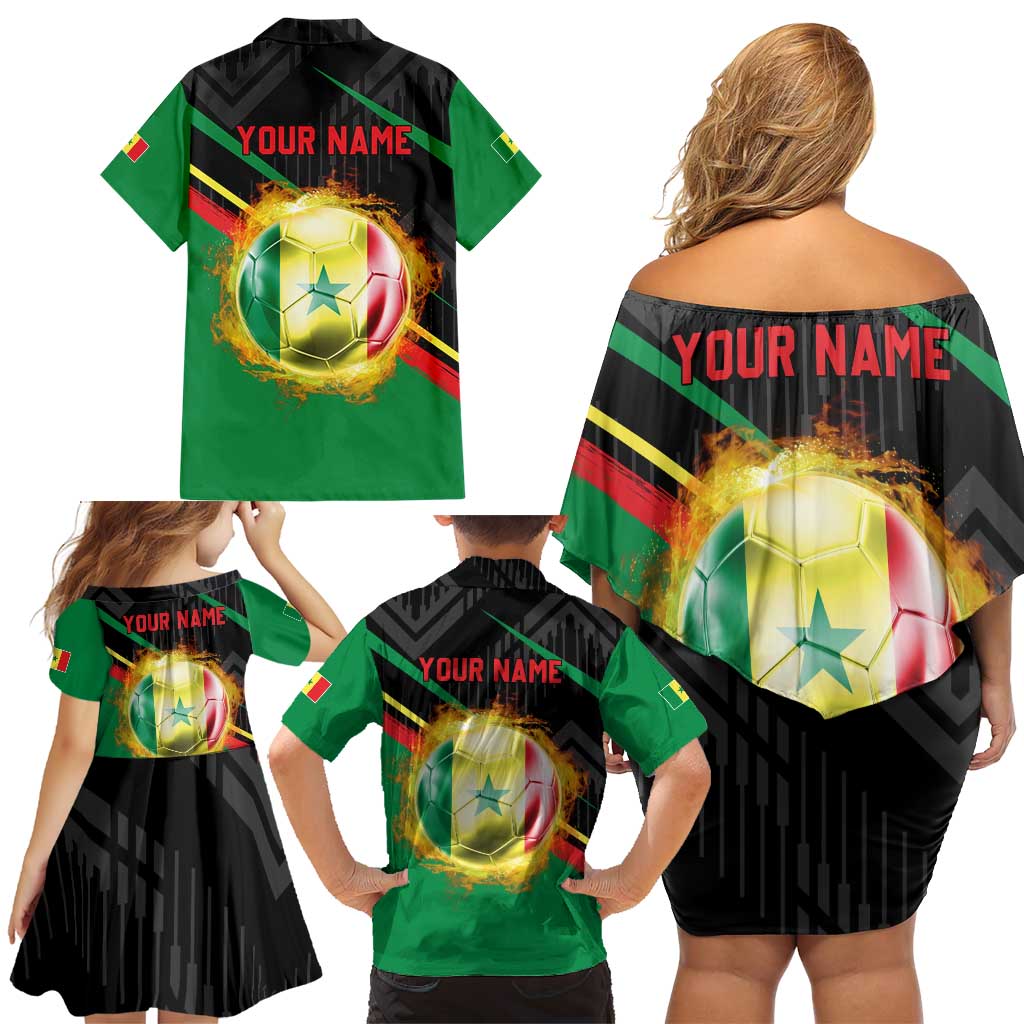 Custom Senegal Family Matching Off Shoulder Short Dress and Hawaiian Shirt Lion Graphic, National Flag, Fiery Soccer Ball - Bold African Pride Design - Wonder Print Shop