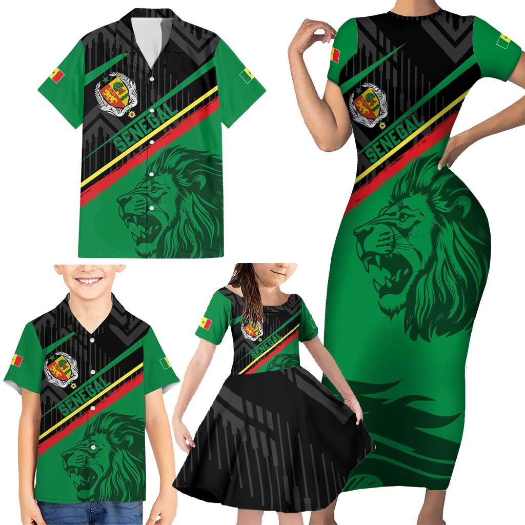Custom Senegal Family Matching Short Sleeve Bodycon Dress and Hawaiian Shirt Lion Graphic, National Flag, Fiery Soccer Ball - Bold African Pride Design - Wonder Print Shop