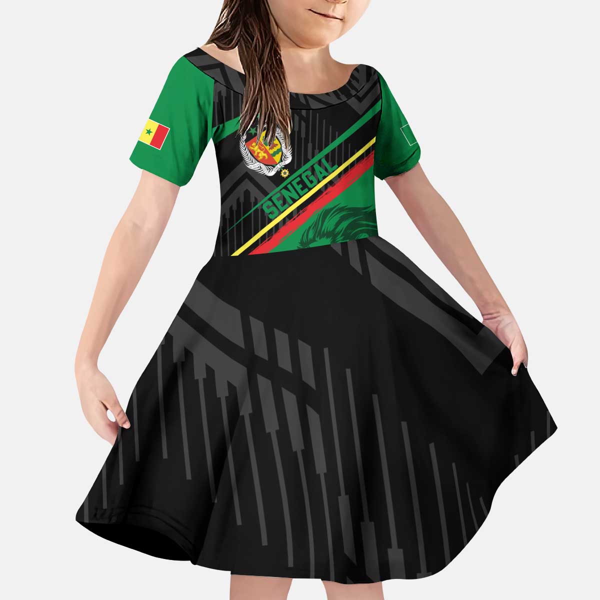 Custom Senegal Kid Short Sleeve Dress Lion Graphic, National Flag, Fiery Soccer Ball - Bold African Pride Design - Wonder Print Shop