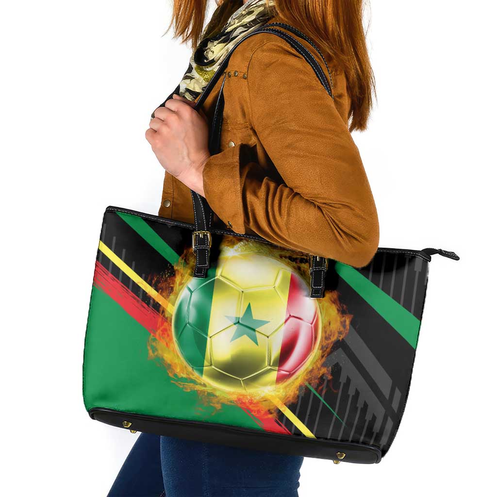 Custom Senegal Leather Tote Bag Lion Graphic, National Flag, Fiery Soccer Ball - Bold African Pride Design - Wonder Print Shop