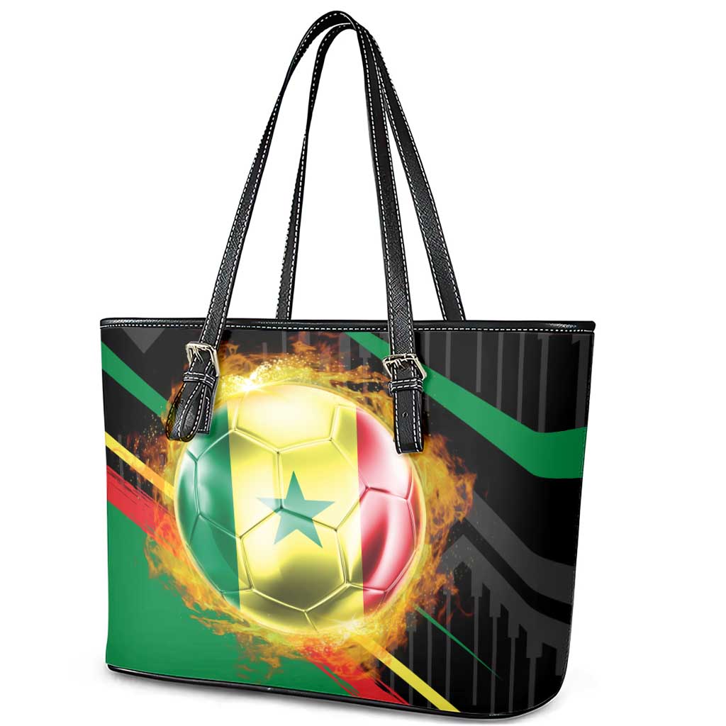 Custom Senegal Leather Tote Bag Lion Graphic, National Flag, Fiery Soccer Ball - Bold African Pride Design - Wonder Print Shop