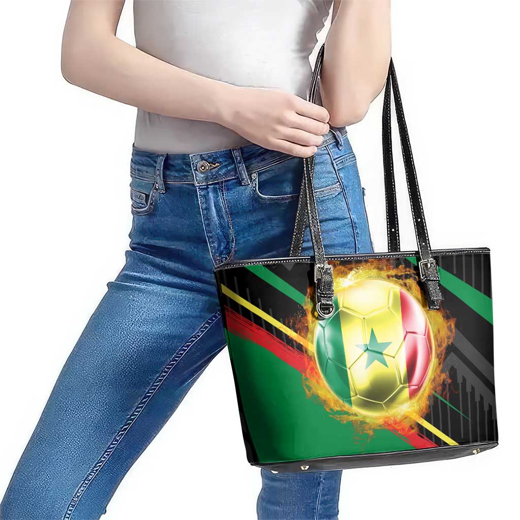 Custom Senegal Leather Tote Bag Lion Graphic, National Flag, Fiery Soccer Ball - Bold African Pride Design - Wonder Print Shop