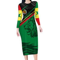 Custom Senegal Long Sleeve Bodycon Dress Lion Graphic, National Flag, Fiery Soccer Ball - Bold African Pride Design - Wonder Print Shop