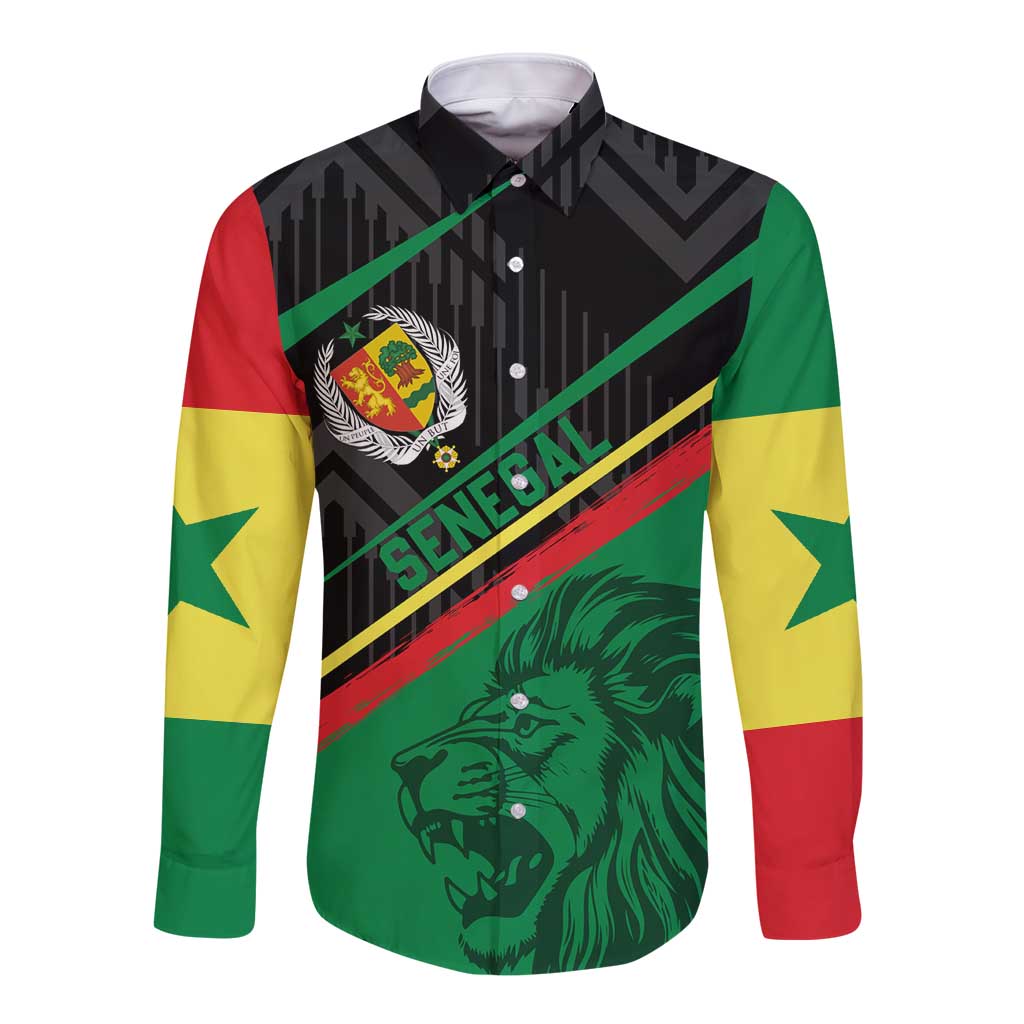 Custom Senegal Long Sleeve Button Shirt Lion Graphic, National Flag, Fiery Soccer Ball - Bold African Pride Design - Wonder Print Shop