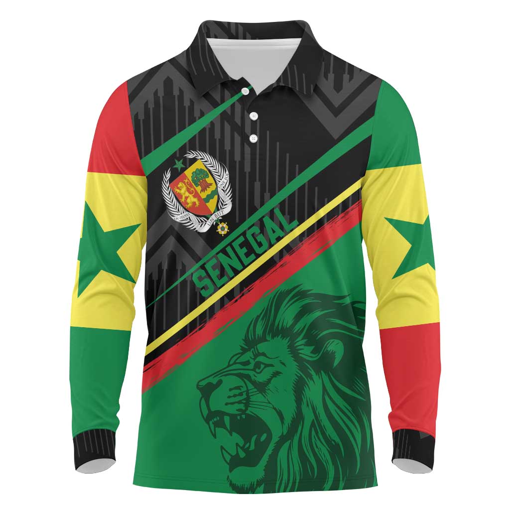 Custom Senegal Long Sleeve Polo Shirt Lion Graphic, National Flag, Fiery Soccer Ball - Bold African Pride Design - Wonder Print Shop