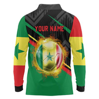 Custom Senegal Long Sleeve Polo Shirt Lion Graphic, National Flag, Fiery Soccer Ball - Bold African Pride Design - Wonder Print Shop