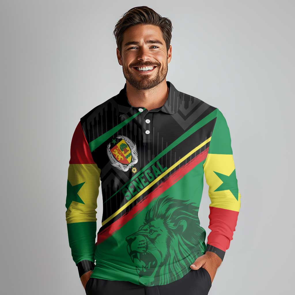 Custom Senegal Long Sleeve Polo Shirt Lion Graphic, National Flag, Fiery Soccer Ball - Bold African Pride Design - Wonder Print Shop