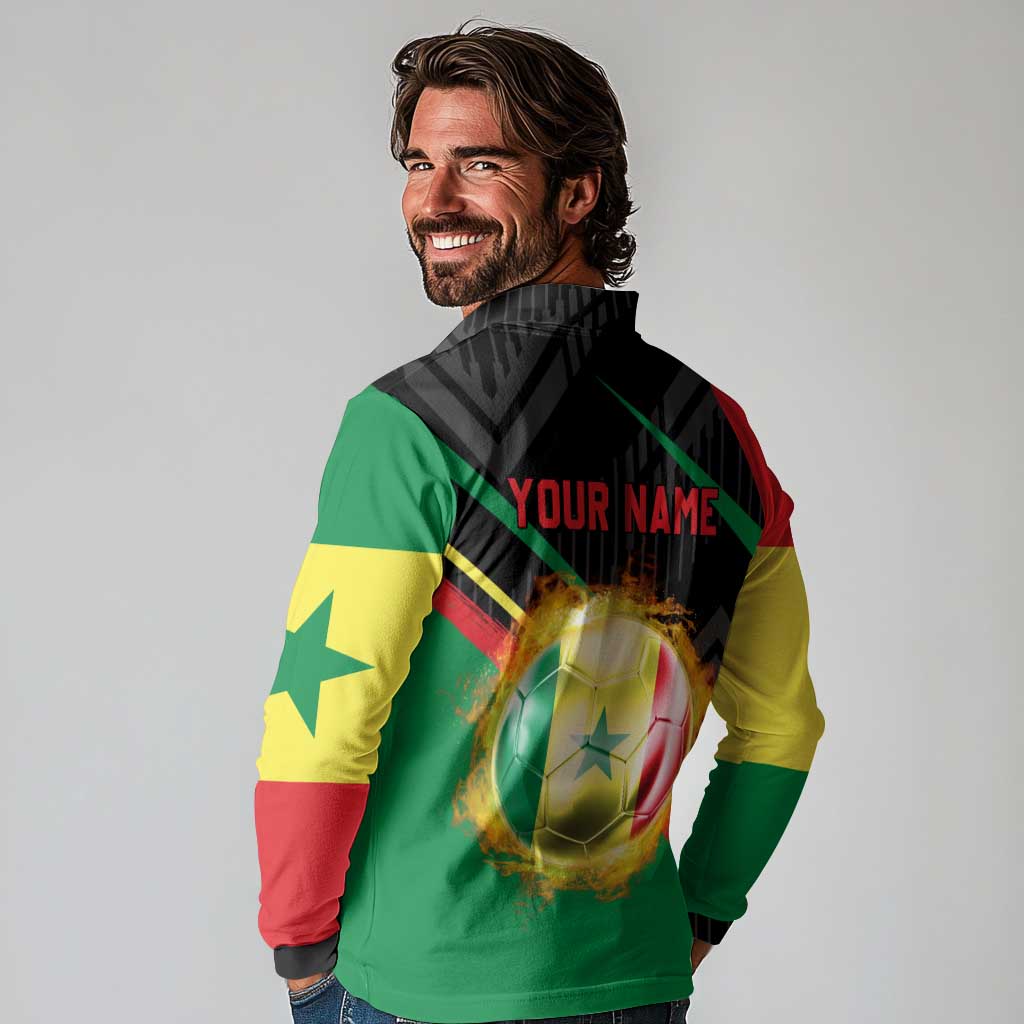 Custom Senegal Long Sleeve Polo Shirt Lion Graphic, National Flag, Fiery Soccer Ball - Bold African Pride Design - Wonder Print Shop