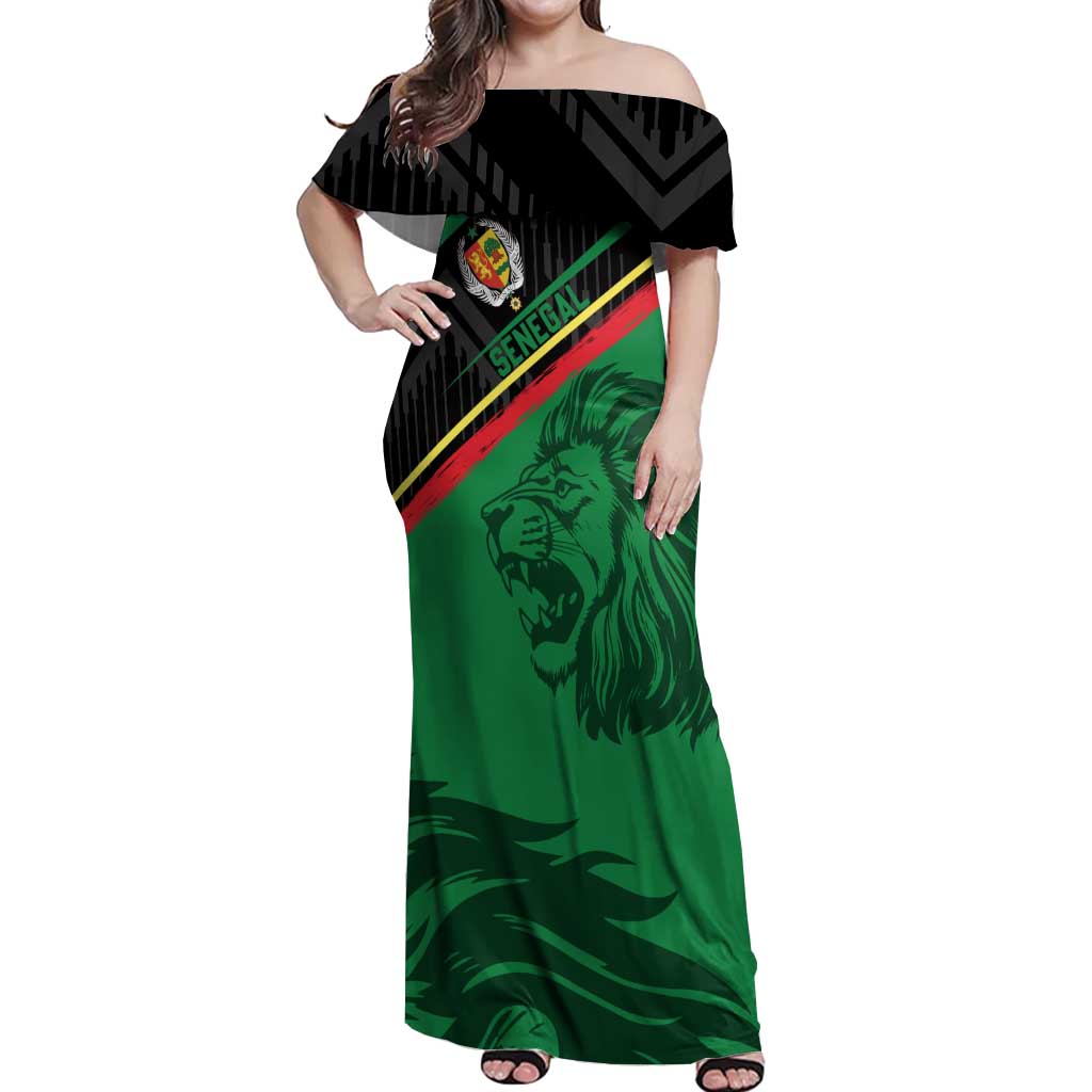 Custom Senegal Off Shoulder Maxi Dress Lion Graphic, National Flag, Fiery Soccer Ball - Bold African Pride Design - Wonder Print Shop