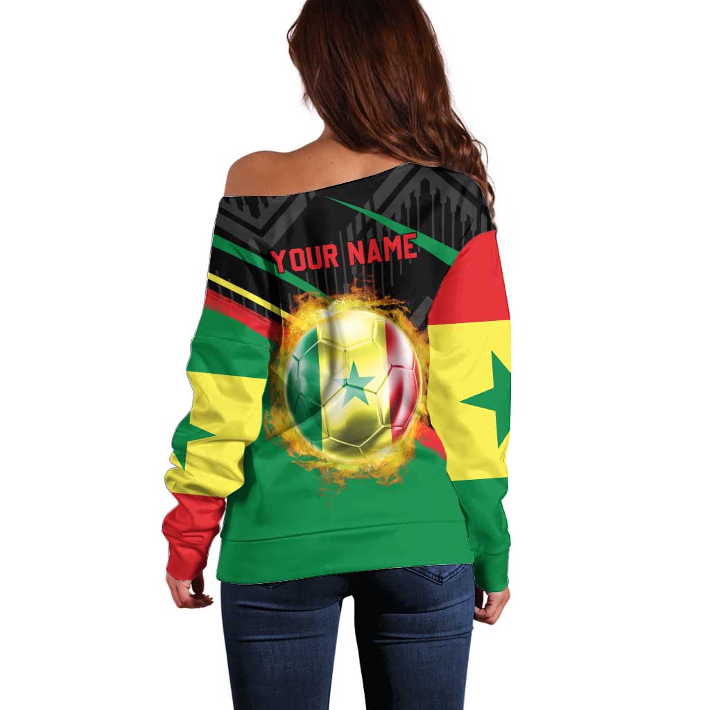 Custom Senegal Off Shoulder Sweater Lion Graphic, National Flag, Fiery Soccer Ball - Bold African Pride Design - Wonder Print Shop