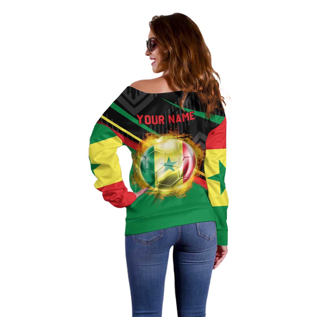 Custom Senegal Off Shoulder Sweater Lion Graphic, National Flag, Fiery Soccer Ball - Bold African Pride Design - Wonder Print Shop