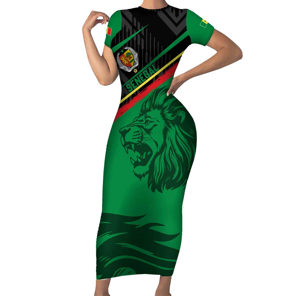 Custom Senegal Short Sleeve Bodycon Dress Lion Graphic, National Flag, Fiery Soccer Ball - Bold African Pride Design - Wonder Print Shop